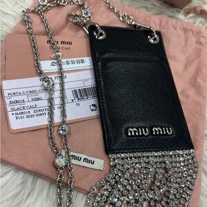 SOLD Authentic Miu Miu Black Crystal Embellished Leather Lanyard Card Case Bag.